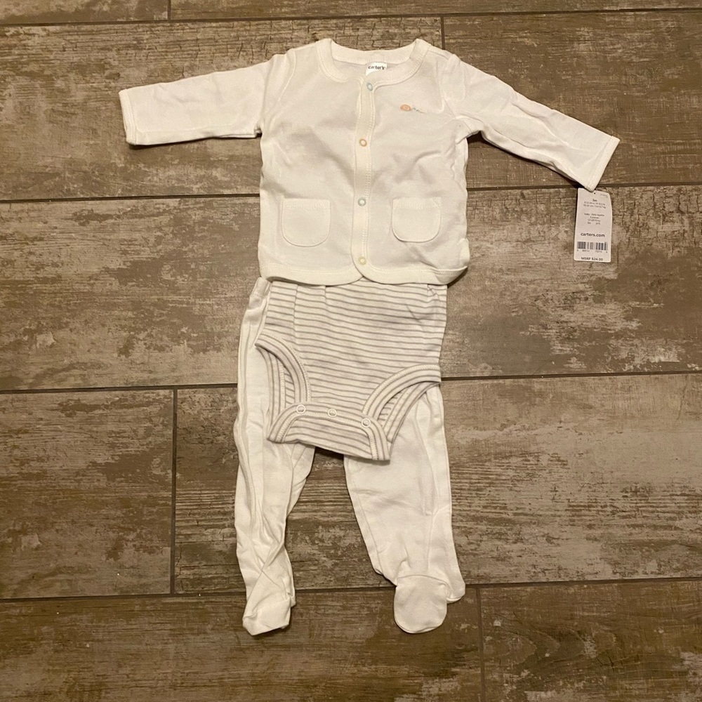 Carters 3-Piece Set Cardigan With Embroidered Snails, Pants & Onesie 3M New
